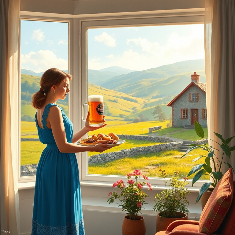 In "A Glass of Beer on the Highland," a serene scene is depicted in a sunlit room where a woman in a vibrant blue dress stands by a large window. She holds a tray with a hearty meal and a frothy glass of beer, embodying a moment of relaxation. Outside, the breathtaking highland landscape features rolling green hills and a charming traditional house, all bathed in warm afternoon light. The interior is adorned with potted plants, creating a harmonious blend of comfort and nature. The painting beautifully captures the tranquility and joy found in simple pleasures amidst stunning scenery