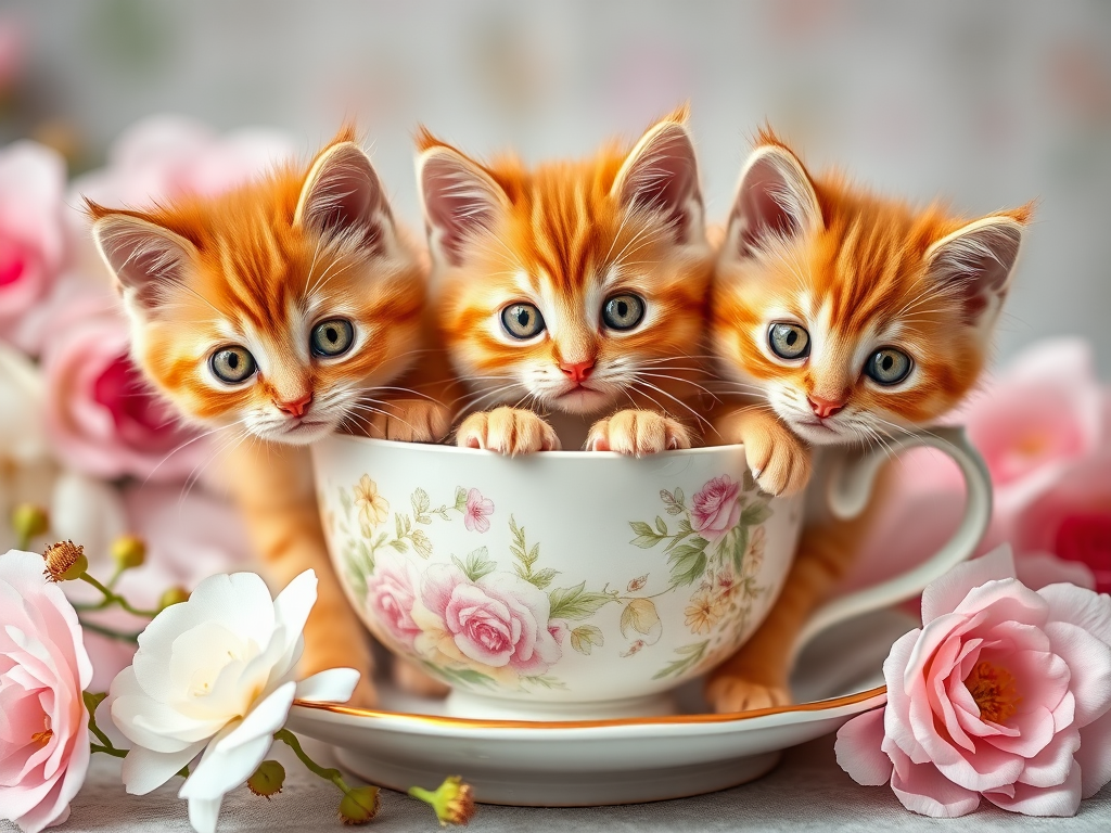 Three fluffy orange tabby kittens with big green eyes sitting adorably in a vintage floral teacup surrounded by soft pastel flowers, shot with a Canon EOS R5, 50mm lens, f/1.8 aperture, ISO 100, soft natural lighting, shallow depth of field for a dreamy background effect.