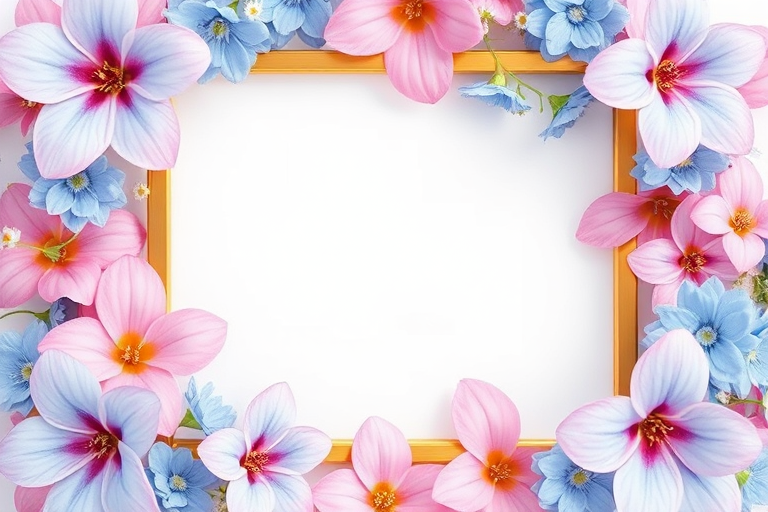Regenerate a vibrant floral frame design featuring pastel blue and pink flowers around a golden rectangle, using a Canon EOS R5 with a 50mm f/1.8 lens, aperture set to f/2.8, ISO 100, at a close-up angle for enhanced detail and clarity.
