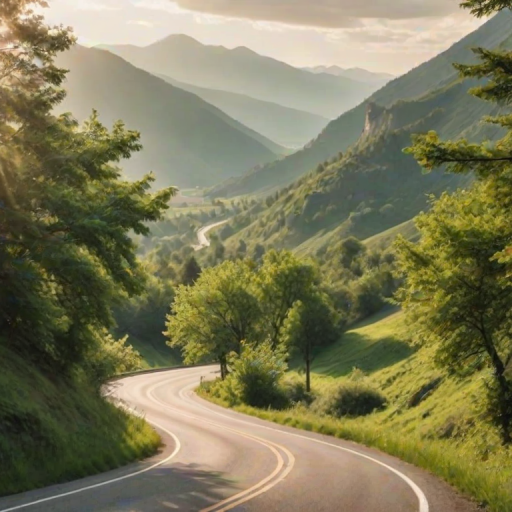 Soft-focus image of a scenic winding road through a lush green valley, soft sunlight filtering through the trees, with distant mountains softly hazy in the background.