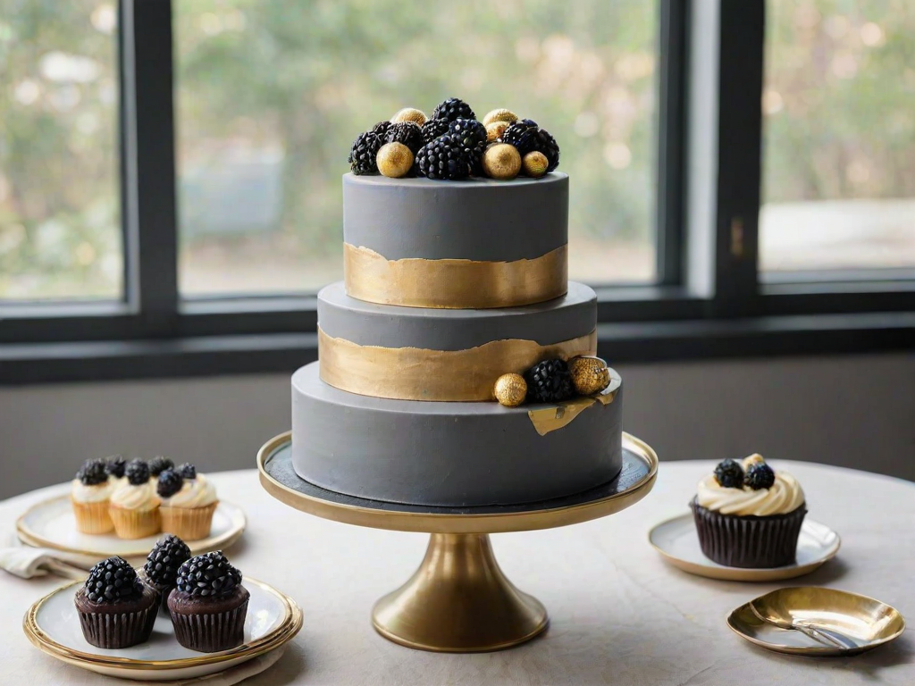 Create an elegant two-tier cake with a smooth gray fondant finish. The cake should have a bold gold stripe around the middle and be adorned with a mix of blackberries and golden decorative balls on top. Surround the cake with matching cupcakes featuring gray frosting and golden accents, all displayed on a simple black cake stand by a window with natural light.