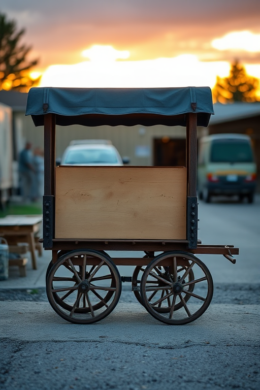 Create a vintage wooden cart with a blank sign, captured at sunset with a shallow depth of field, using a DSLR camera set to f/2.8, ISO 100, and a focal length of 50mm, shot from eye level and highlighting the textures of the wood.
