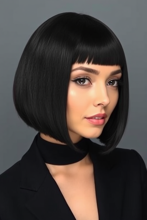 Chic blunt bob in glossy raven black, styled pin-straight with a precise middle part, exuding minimalist elegance and sleek sophistication