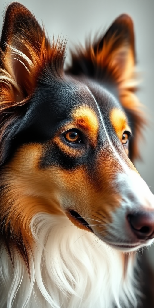 Create a detailed portrait of a collie dog with a soft watercolor effect, using a DSLR camera set to f/1.8 aperture, ISO 100, 50mm lens, shot from a close-up angle with natural lighting, in a high-resolution style.