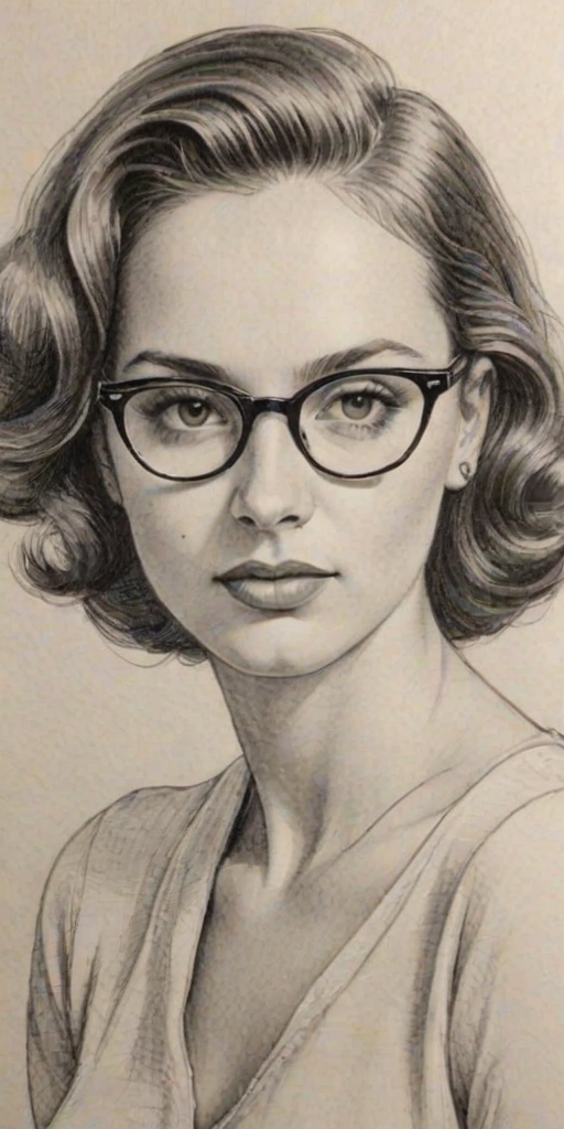 Alluring Dasha Polanco, pencil sketch, portrait of Pleasing woman 1949s in glasses, hair style beatnik, outline, clear lines, fine lines, 8k