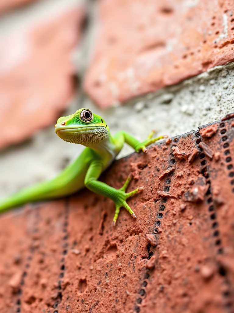 Capture a vibrant green anole lizard perched on a textured brick wall, with a shallow depth of field to blur the background, using a macro lens at f/2.8, ISO 200, shutter speed 1/250 sec, in natural light, taken with a DSLR camera.