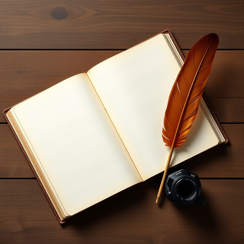 Create an image of an open book with blank pages beside a quill and ink pot, capture with a DSLR camera, 50mm lens, f/2.8 aperture, ISO 100, natural lighting, top-down view for enhanced clarity and detail.