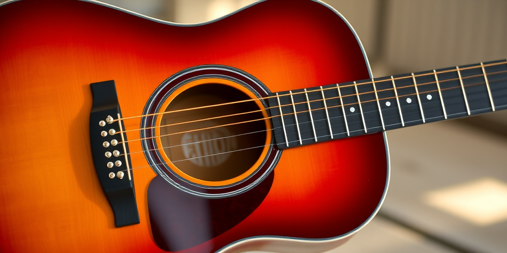 High-resolution image of an acoustic guitar with a sunburst finish, taken with a Canon EOS R5, 85mm lens, f/1.8 aperture, ISO 100, natural lighting, centered view, shallow depth of field.