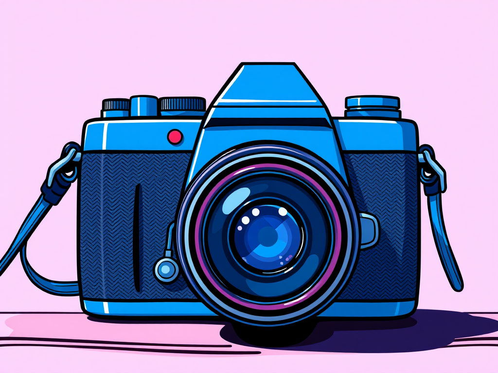Create a vibrant cartoon-style image of a camera with a blue color scheme, using a 50mm lens at f/1.8, ISO 100, shot from a front view in natural light with a shallow depth of field to enhance details and bright colors.