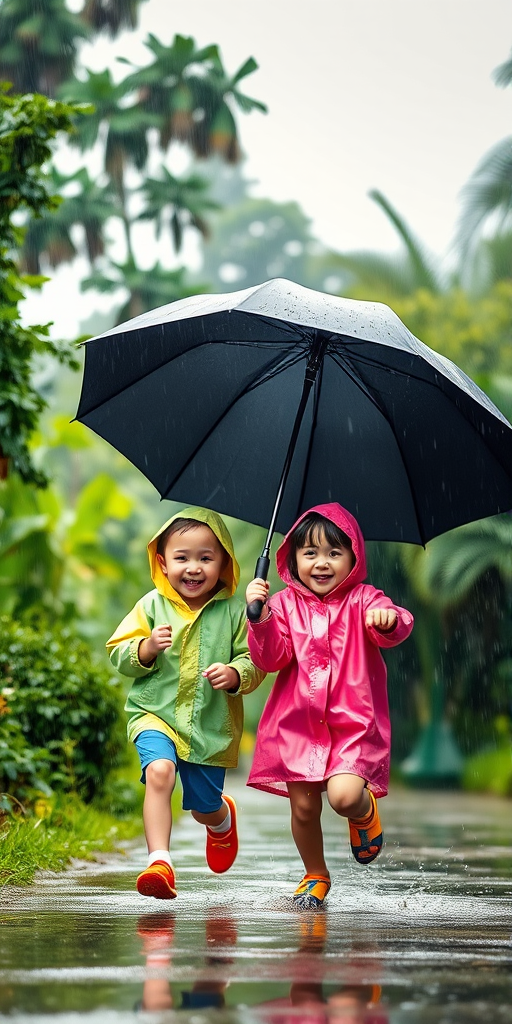 Generate a whimsical scene of two young children joyfully running in the rain under a large black umbrella, wearing colorful raincoats, surrounded by lush greenery, shot with a Canon EOS R5, 50mm lens, f/2.8 aperture, ISO 200, at a slightly low angle for a dynamic perspective, using soft natural lighting to enhance the vibrant colors and expressions.