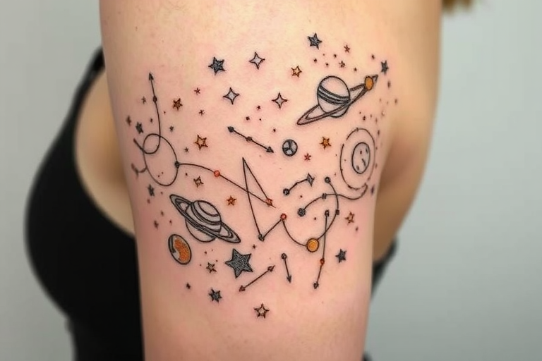 Minimalist line art tattoo titled "Celestial Dance" showcasing a continuous single-line drawing of planets, stars, and constellations, with small pops of metallic gold ink to highlight key celestial bodies
