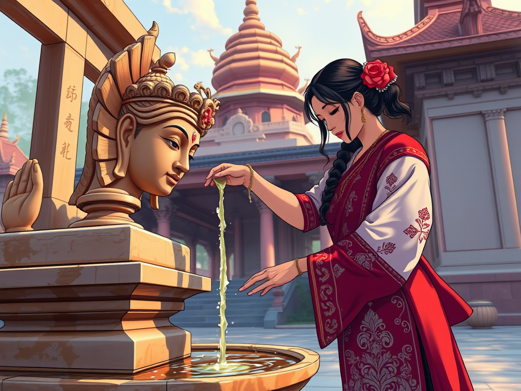 A beautifully detailed illustration of a woman in traditional attire pouring water over a statue in a serene temple setting, captured with a DSLR camera at f/2.8, 1/125 sec, ISO 100, with a wide-angle lens to enhance the vibrant colors and intricate details in soft evening light.