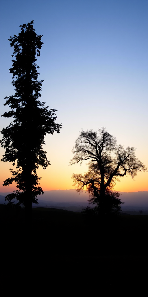 Generate a serene landscape with two silhouetted trees on either side, a softly blended gradient background transitioning from blue at the top to warm earthy tones at the bottom, taken with a DSLR camera at f/11, ISO 100, 1/125s, using a wide-angle lens and soft focus style.