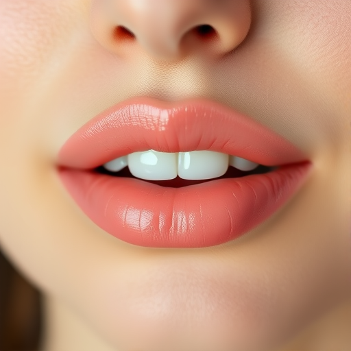 Romantic woman lips with a soft peach tinted lip balm, dewy and fresh, subtly enhancing natural lip color, embodying youthful radiance