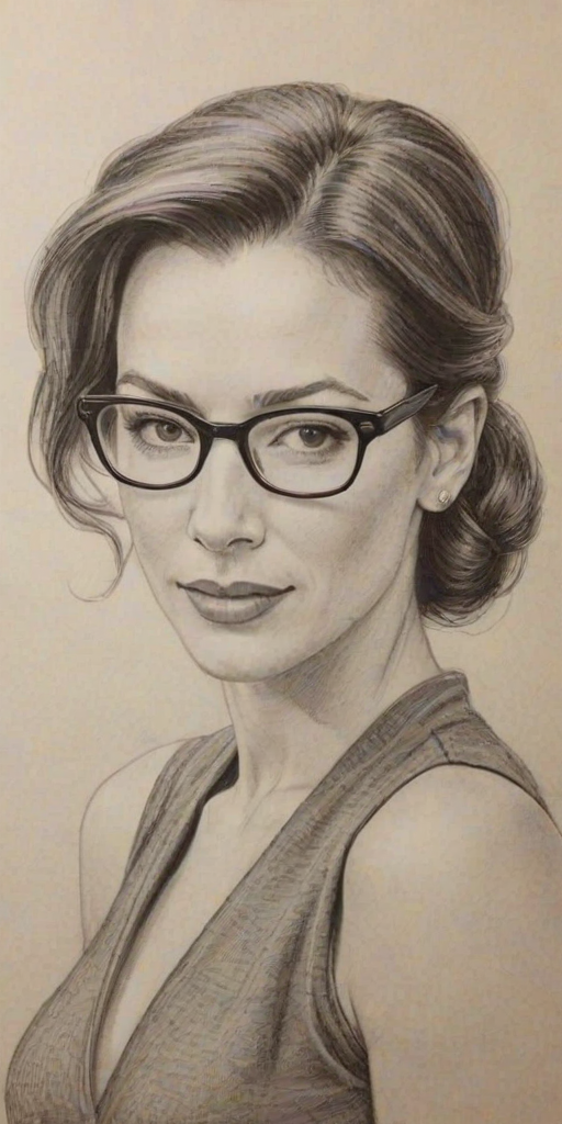 Lovely Brooke Langton, pencil sketch, portrait of Pleasing woman 1952s in glasses, hair style beatnik, outline, clear lines, fine lines, 8k