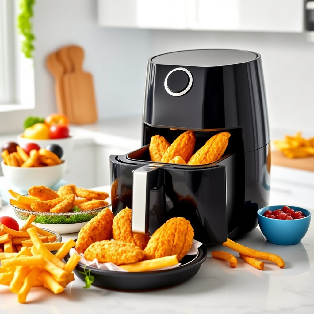 A sleek black air fryer on a bright modern kitchen countertop surrounded by crispy golden chicken tenders fresh vegetables and delicious fries with a minimalistic design and vibrant colors