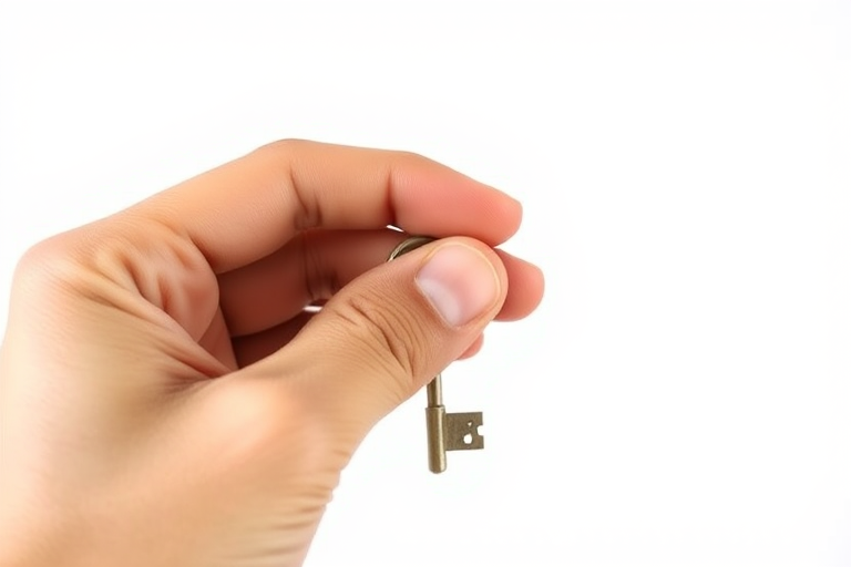 A Hand Holding a Small Key Against a Bright White Background