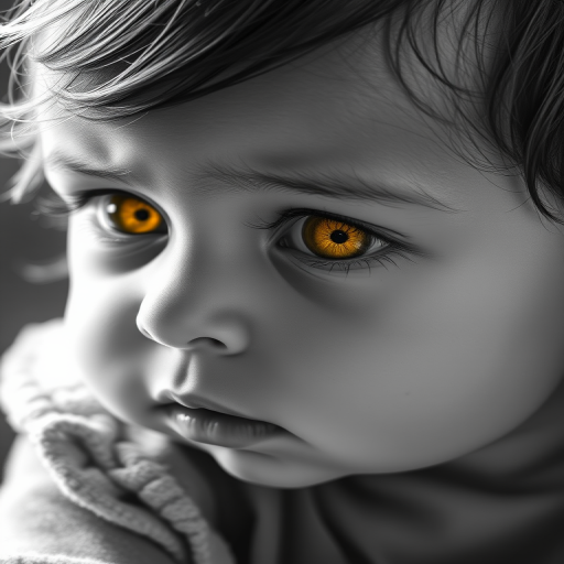 A hyperdetailed photorealistic black and white sketch of a beautiful toddler with deep Yellow eyes, with a macro focus