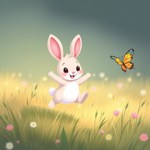 Create a cute cartoon rabbit jumping in a grassy field with a butterfly nearby, soft pastel colors, high-resolution digital illustration, DSLR camera settings: f/2.8, ISO 100, 1/250s, portrait orientation, natural lighting, illustration style.