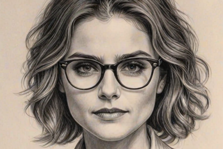 Exquisite Keri Russell, pencil sketch, portrait of Fascinating woman 1924s in glasses, hair style beatnik, outline, clear lines, fine lines, 8k
