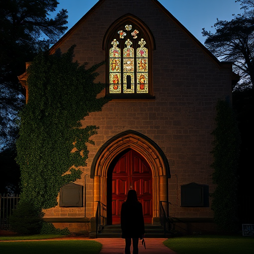Old stone church at twilight, with ivy climbing its walls, a woman stands in front of the entrance, her silhouette framed by the last light of day as she gazes up at the stained-glass windows.
