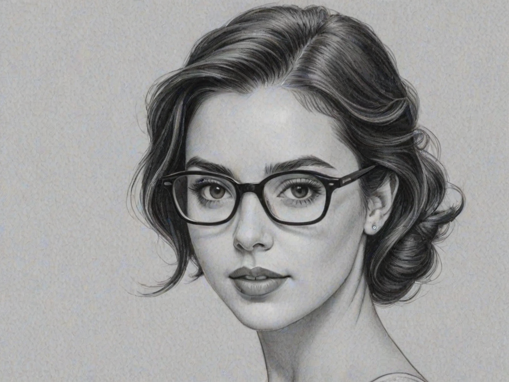 Elegant Adelaide Kane, pencil sketch, portrait of Gorgeous woman 1955s in glasses, hair style beatnik, outline, clear lines, fine lines, 8k
