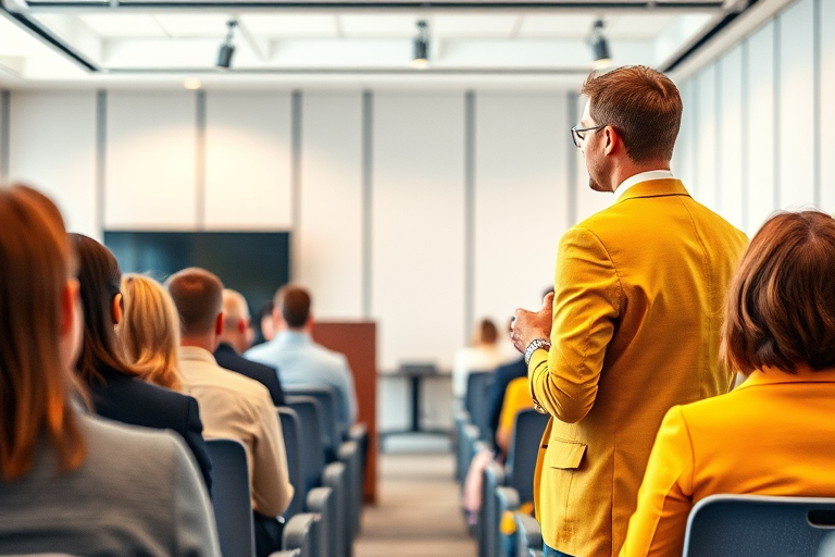 A professional presentation in a modern conference room featuring a speaker in a yellow blazer addressing an audience, shot with a Canon EOS R5 at 50mm, f/1.8, ISO 100, natural lighting, shallow depth of field, vibrant watercolor style.