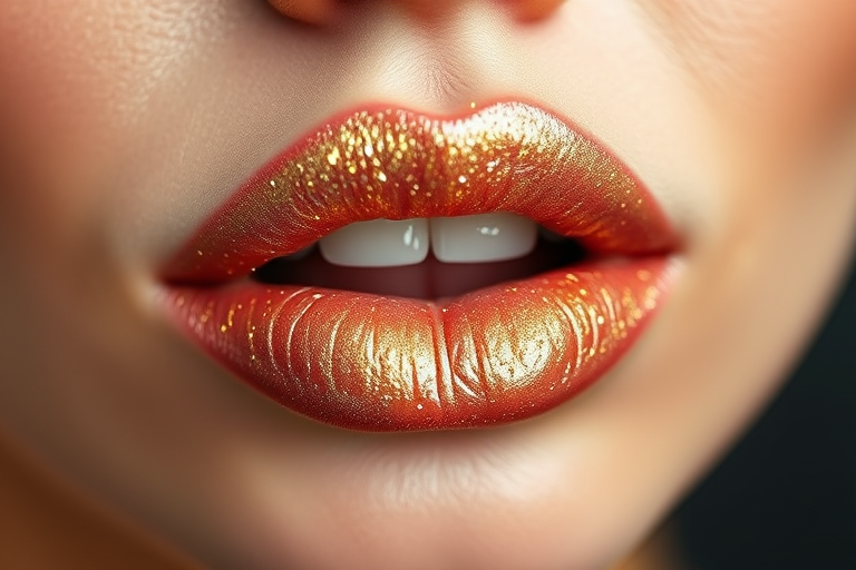 Sophisticated "Champagne Frost" lip topper designed to add a touch of glamour to any lip color, featuring ultra-fine gold and silver particles for a luxurious, multidimensional effect