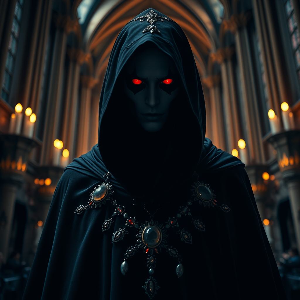 Regenerate the image of a dark, mystical figure with red eyes wearing a black cloak adorned with jewels, set against a lit cathedral backdrop with flickering candles, using a Canon EOS R5 with a 50mm f/1.2 lens, aperture set to f/1.2, ISO 100, shutter speed 1/200s, shooting from a low angle perspective for dramatic effect.