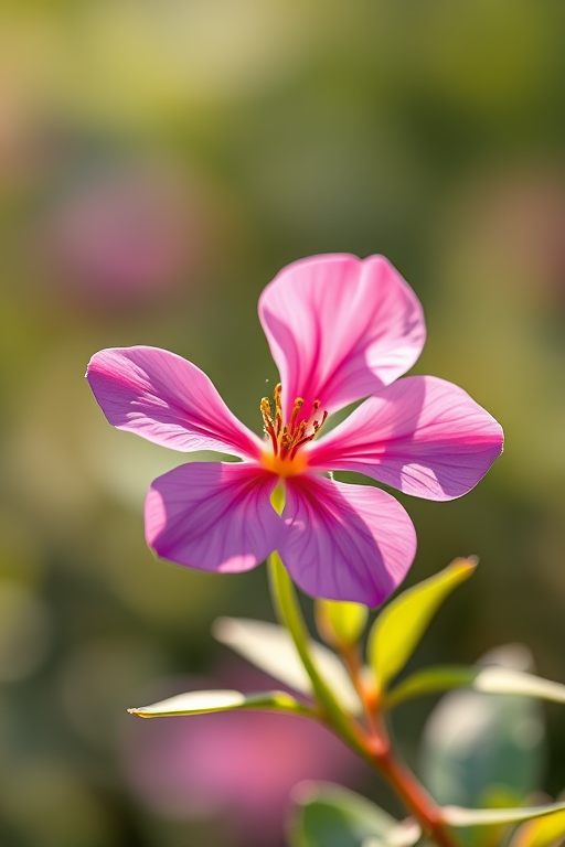Create an artistic illustration of a single pink flower with green leaves, captured with a DSLR camera at f/2.8 aperture, ISO 100, 50mm lens, in a soft natural light setting with a shallow depth of field.