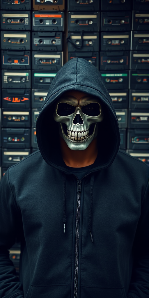 A person wearing a black hooded jacket with a skull mask standing in front of a wall covered in vintage cassette tapes, shot with a Canon EOS R5, 50mm lens, f/1.8 aperture, ISO 100, 1/125 sec exposure, in a shallow depth of field to emphasize the subject against the textured background.