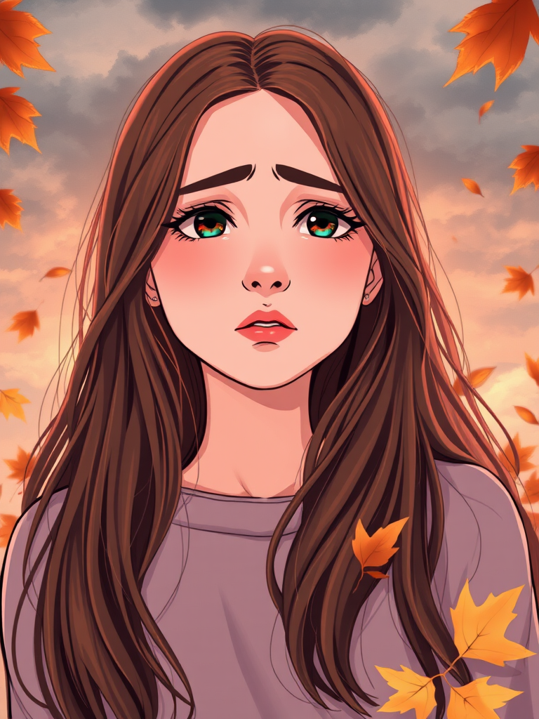 Generate an illustration of a young woman with long brown hair, looking worried against a dramatic cloudy sky with autumn leaves around her, using a Canon EOS R5, 50mm lens, f/1.8, ISO 100, with a soft focus background and vibrant colors for enhanced clarity.