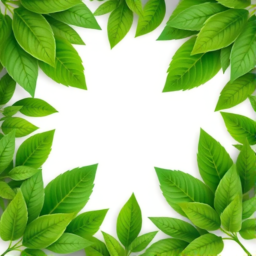create an illustration of lush green leaves forming a decorative border around a blank central space for text, with high-resolution detail, shot with a macro lens at f/2.8, using a DSLR camera from a top-down view on a white background to enhance texture and depth.