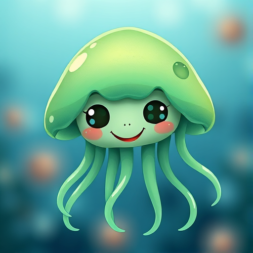 Create a cute and whimsical jellyfish character with a smiling face, using vibrant shades of green, with soft, translucent tentacles and large, expressive eyes, captured in a high-resolution digital illustration style, with a macro perspective, using a Canon EOS R5 at f/2.8, ISO 100, and a shutter speed of 1/200 sec.