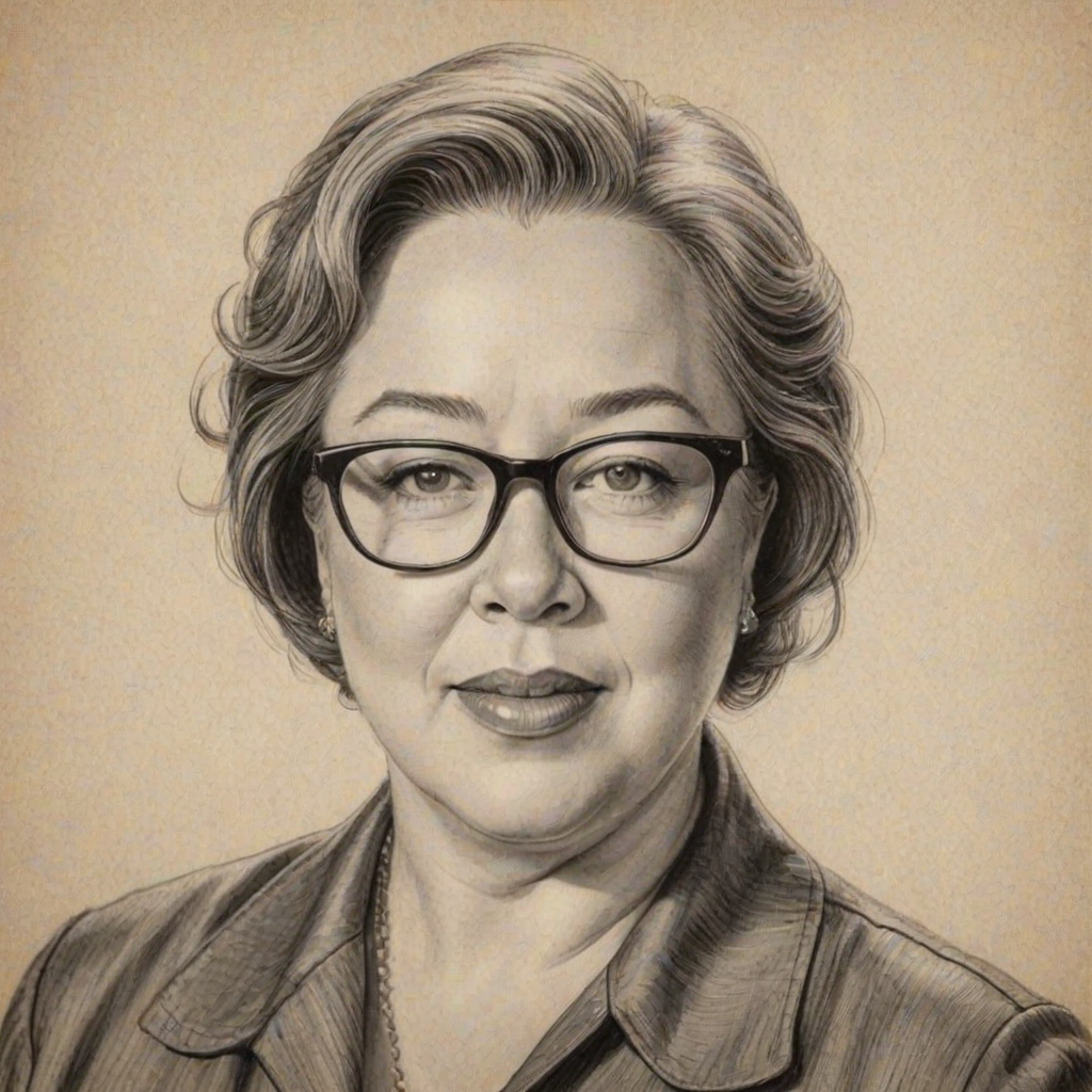 Ravishing Kathy Bates, pencil sketch, portrait of Dazzling woman 1952s in glasses, hair style beatnik, outline, clear lines, fine lines, 8k