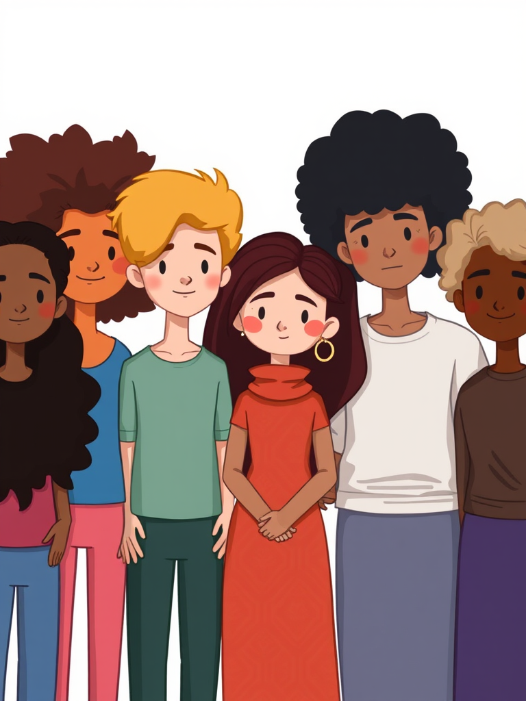 Create an illustration of diverse, stylized characters with varying hair colors and textures, featuring seven figures standing side by side, each with unique hairstyles and expressions, using a digital art style; camera settings: ISO 100, f/8, 1/60s, camera view: wide shot, camera type: digital DSLR, camera style: vibrant and colorful.