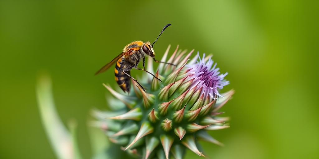 capture a close-up macro photograph of an insect perched on a spiky thistle bud with a blurred green background using a DSLR camera, 100mm macro lens, f/2.8 aperture, ISO 200, shutter speed 1/200 sec, natural lighting