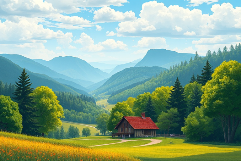 Create a vibrant landscape illustration of a serene countryside with a small house among lush green trees and rolling mountains in the background, using a wide-angle view, vibrant color palette, and a digital illustration style, mimicking a Canon EOS R5 with f/4 aperture, ISO 100, and a 24mm lens.