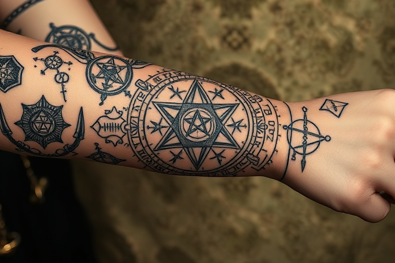 Mystical alchemical tattoo incorporating ancient symbols, sacred geometry, and cryptic formulas, rendered in a combination of fine lines and bold blackwork, adorning the entire forearm