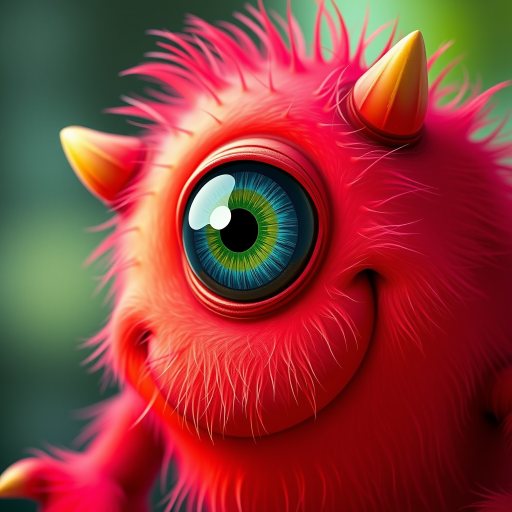 Create a vibrant digital illustration of a monster with a large single eye, bright red body, and a playful expression, using a DSLR camera, 50mm lens, f/2.8 aperture, ISO 100, taken in a close-up shot with a high-resolution setting.