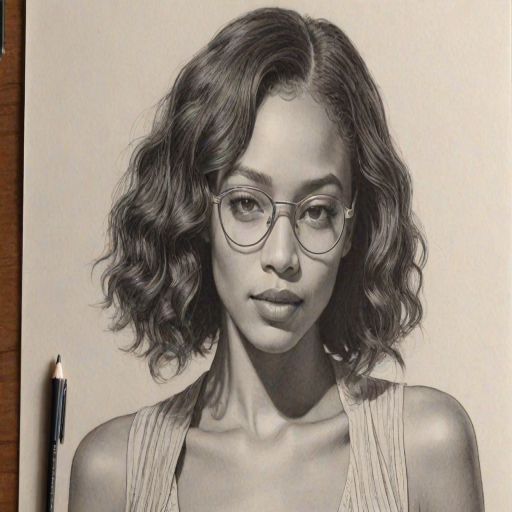 Alluring Kylie Bunbury, pencil sketch, portrait of Exquisite woman 1924s in glasses, hair style beatnik, outline, clear lines, fine lines, 8k