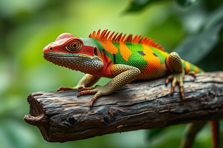 generate an image of a colorful lizard with textured skin resting on a wooden branch surrounded by a blurred green background