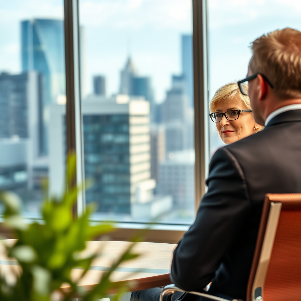Regenerate a professional office meeting scene featuring a middle-aged woman with short blonde hair and glasses, sitting across from a man in a suit, both engaged in conversation, with large windows in the background showing a modern cityscape, using a DSLR camera, 50mm lens, aperture f/1.8, ISO 400, natural lighting, focused depth of field to enhance image quality.