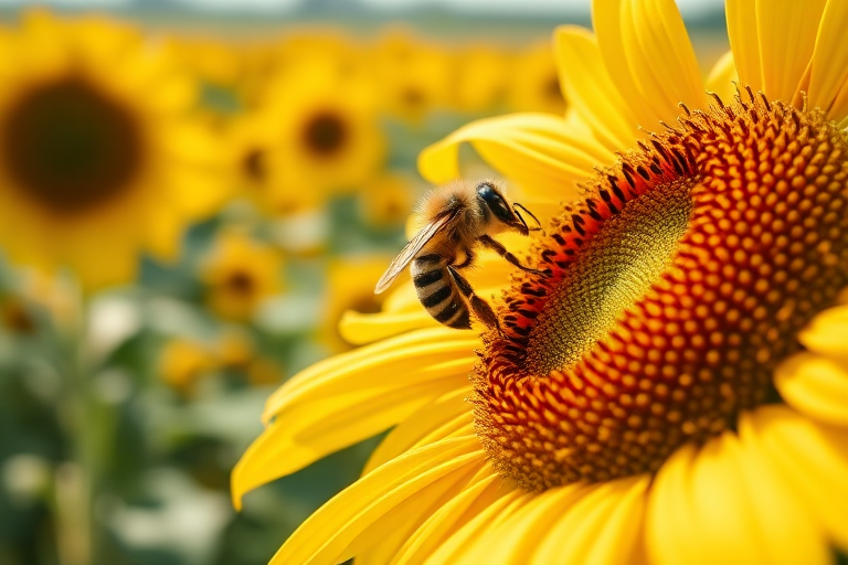 Sharp, close-up photo of a bee perched on a sunflower, pollen clinging to its legs, soft sunlight reflecting off the petals, a field of sunflowers stretching into the distance, the faint buzz of bees filling the air, a sense of summer warmth.