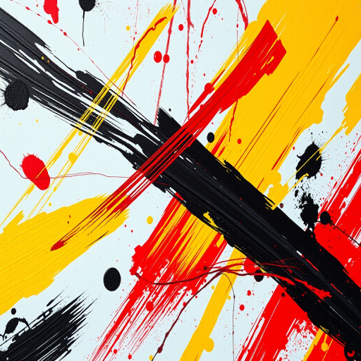 Create an abstract painting using vibrant reds, yellows, and blacks with bold brush strokes, captured with a DSLR camera at f/4 aperture, ISO 100, 50mm lens, in natural light for enhanced texture and detail.