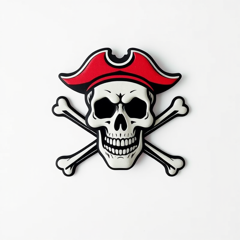 Create a high-resolution image of a pirate skull and crossbones logo, photographed with a DSLR camera at f/2.8 aperture, ISO 100, 50mm lens, top-down view, in a flat lay style with a clean background for enhanced clarity and vibrancy.