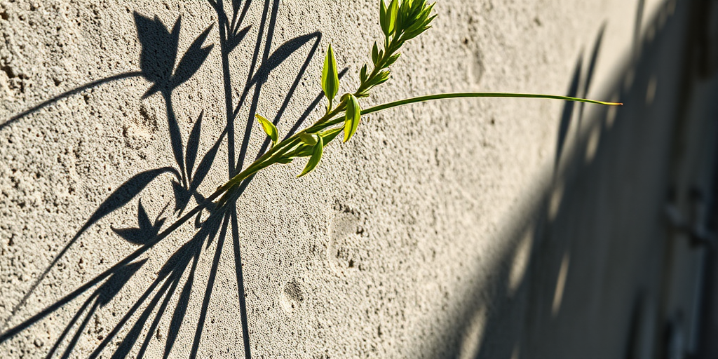 Capture a close-up of a plant with long stems and shadows on a textured concrete wall, using a DSLR camera, 50mm lens, f/2.8 aperture, ISO 100, natural lighting, with a soft focus on the background for enhanced depth.