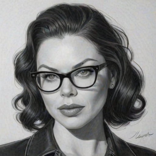 Sublime Laura Prepon, pencil sketch, portrait of Exquisite woman 1953s in glasses, hair style beatnik, outline, clear lines, fine lines, 8k