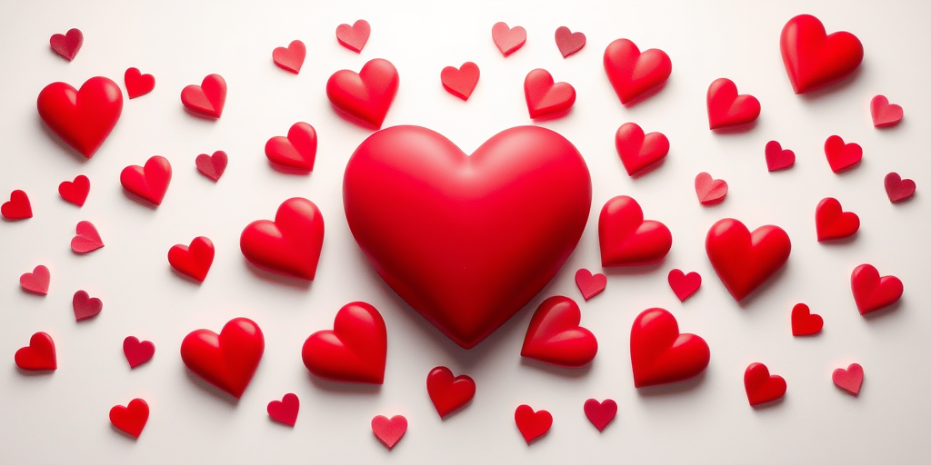 Create a vibrant digital illustration of various hearts in shades of red and pink scattered around a large central heart on a clean white background, using a high-resolution digital camera with a 50mm lens, f/1.8 aperture for a shallow depth of field, soft lighting for a warm effect, and a 4K resolution to enhance image quality.