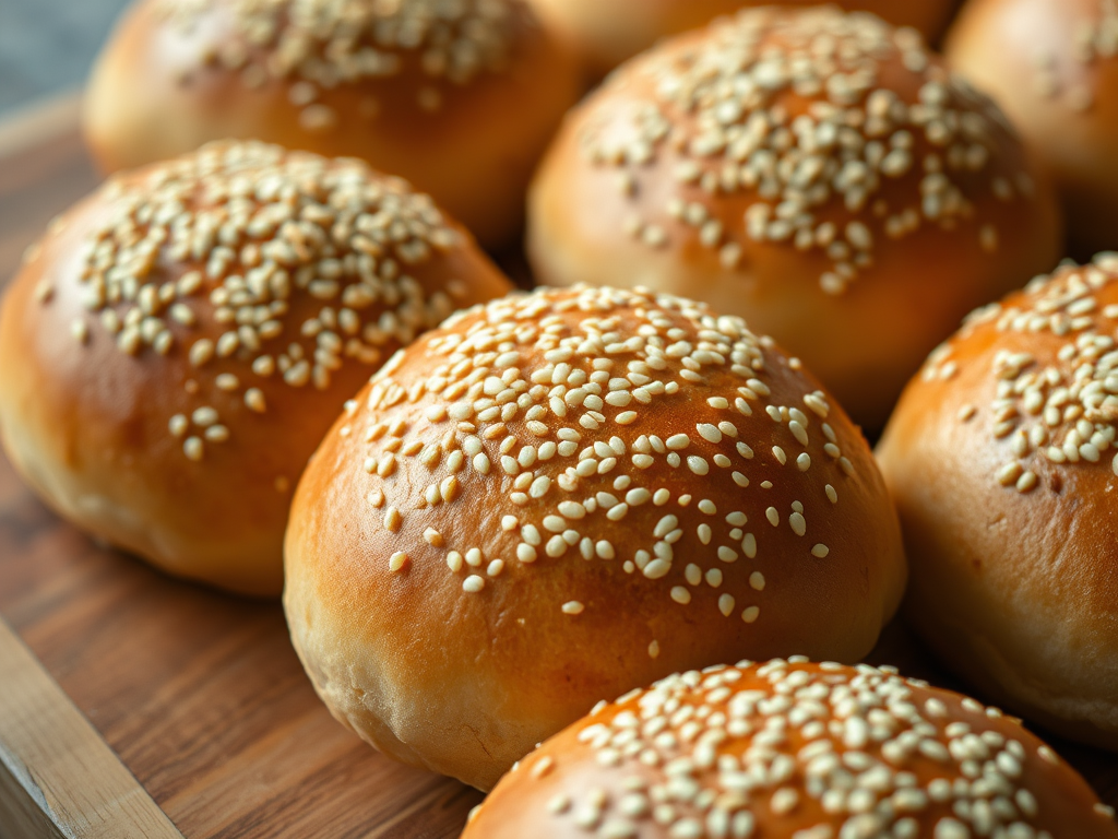 close-up of freshly baked sesame seed rolls on a wooden surface, natural light, f/2.8 aperture, 50mm lens, shallow depth of field, DSLR camera